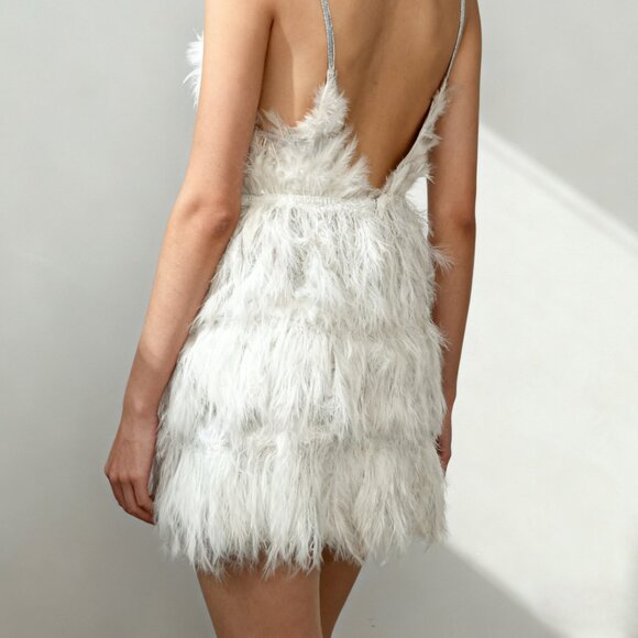 Daring Deep V Feather Trim Slip Dress | White Mini Party Gown - Picture 3 of 4
